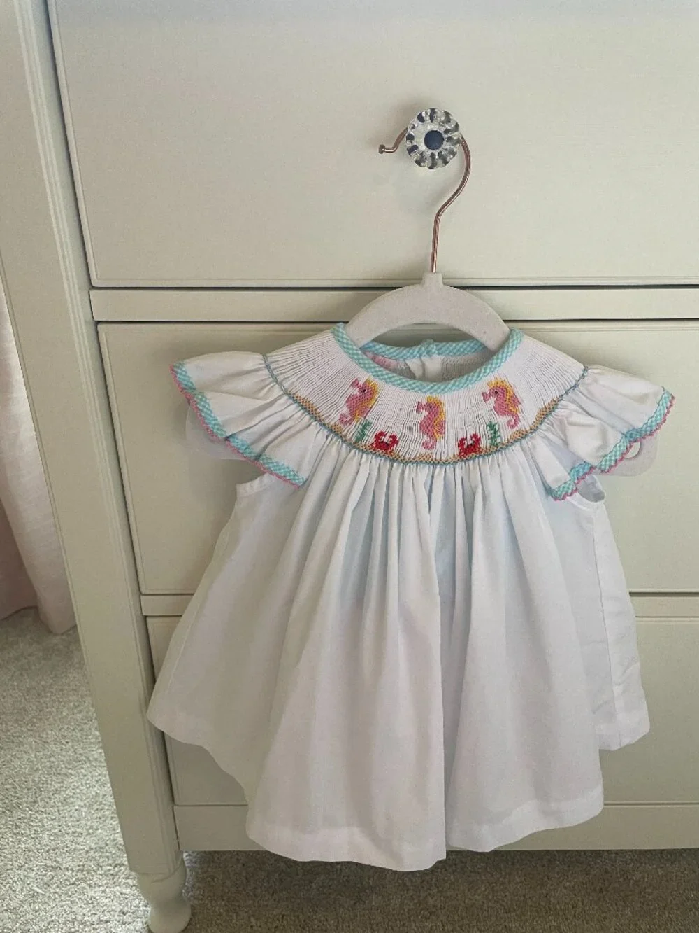 Petit Bebe Smocked Pink Seahorse and Red Crabs Set Size 12 Months